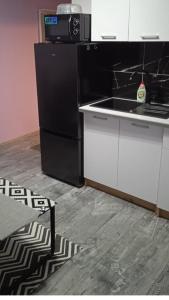 een keuken met een zwarte koelkast en een aanrecht bij Liliana in Kaluža