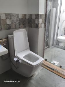 a bathroom with a white toilet and a shower at Holiday Rental Mattegoda Sri Lanka in Mattegoda