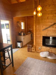 a living room of a log cabin with a television at Le cottage in La Plaine des Palmistes