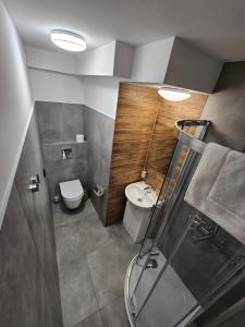 a bathroom with a shower and a toilet and a sink at Pokoje Gościnne Unikat - Self check in in Kraków