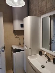 a kitchen with a white refrigerator and a sink at Casa cu flori in Pantelimon