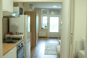 a small kitchen with a refrigerator and a table at Apartma Alina in Lucija +21 photos