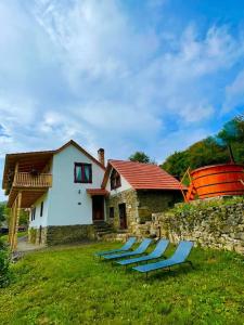 un gruppo di sedie sedute sull'erba di fronte a un edificio di Casa din Cucă a Cornereva