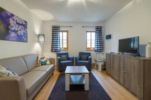 a living room with a couch and a tv at Nova Lake Resort Nová Pec - Lipno in Nová Pec