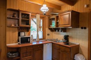 a kitchen with wooden cabinets and a sink and a microwave at Várlak in Sub Cetate