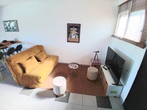 ein Wohnzimmer mit Couch und Fernseher in der Unterkunft La longue vue in Les Avirons