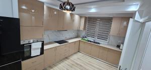 a kitchen with wooden cabinets and a black refrigerator at Green house 2 in Pogradec