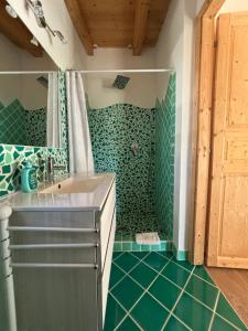 a bathroom with a sink and a shower with green tiles at Sa Istera Sardegna in Olbia