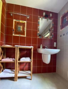 a bathroom with a sink and a mirror at Appartement Doesjes Huis in Naumburg