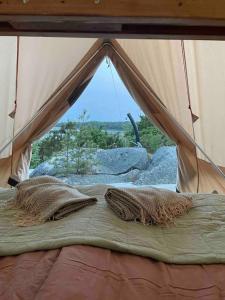FöglöにあるHärligt privat Glamping med bastutältのテント内のベッド1台(枕2つ付)