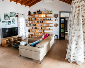 a living room with a couch and a book shelf at Villa Volcan2 Rural Private Pool la Oliva by Holidays Home in La Oliva