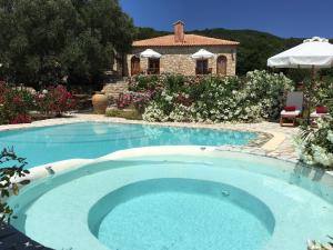 a large swimming pool in a yard with a house at Boutique apart-hotel Galini, member of the best small hotels in Greece, Adults only in Volímai