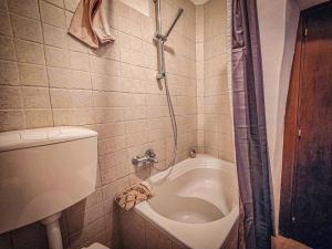 a bathroom with a toilet and a tub in a shower at Trullo Originale di Alberobello in Alberobello