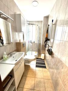 a bathroom with a shower and a toilet and a sink at Leśny Dworek in Żary
