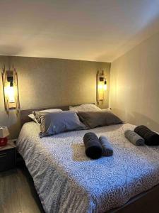 un lit avec deux oreillers dessus dans une chambre dans l'établissement Maison de Village Chez Popeye, à Vogüé