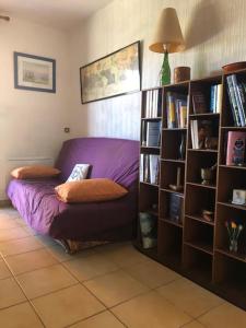 - un salon avec un canapé violet et des étagères dans l'établissement l'Oustalot, à Lanton