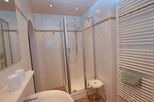 a bathroom with a shower and a toilet at Gästehaus Bergfrieden, Ferienwohnung Eva in Bayersoien +11 photos