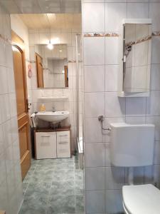 une salle de bain avec toilettes et lavabo dans l'établissement Gästehaus Bergfrieden, Ferienwohnung Susanne, à Bad Bayersoien