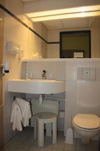 a bathroom with a sink and a toilet and a mirror at Hotel Novalis Dresden in Dresden