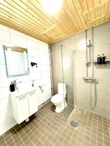 a bathroom with a toilet and a glass shower at C&C Studio - Comfy Nest Near Airport & City Access in Vantaa +21 photos
