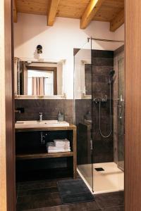 a bathroom with a shower and a sink at CABANA NEMTUCU in Borşa
