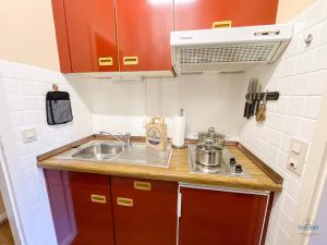 a small kitchen with a sink and a stove at Whg. 121 Haus Jan am Strand in Cuxhaven