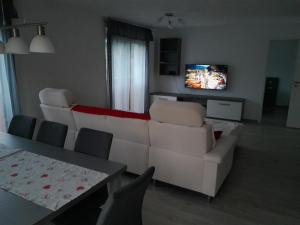a living room with a couch and chairs and a television at Holiday home Baron in Radeče