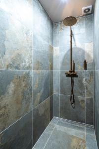 a bathroom with a shower with a glass wall at Bed en Wijn - Suite Landhuisje in Staphorst