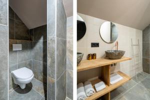 a bathroom with a toilet and a sink and a mirror at Bed en Wijn - Suite Landhuisje in Staphorst +7 photos