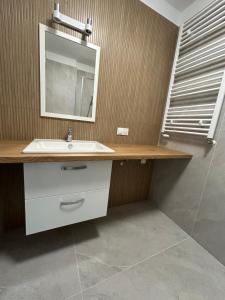 a bathroom with a sink and a mirror at Premium Apartament Koronowska 40m2 in Bydgoszcz +15 photos