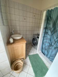 a bathroom with a sink and a shower and a washing machine at La maison de Marie in Junhac