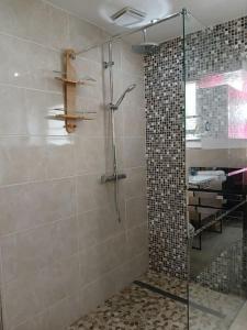 a shower with a glass door in a bathroom at Disneyland Paris Studio avec Terrasse in Chalifert