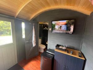 a bathroom with a tv on the wall and a toilet at Jackdaws Shepherds Hut Sibford Gower in Epwell