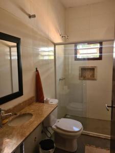 ein Badezimmer mit Toilette, Waschbecken und Dusche in der Unterkunft Chalé na serra da mantiqueira in Piranguçu