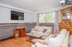 Una sala de estar con un sofá y una chimenea. en Casita rural de invitados, en Alcalá de Guadaira