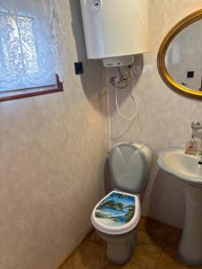 a bathroom with a toilet and a sink at Domki u Dorotki in Jantar +17 photos