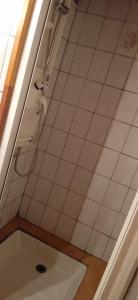 a shower in a bathroom with a tile floor at Maison de village avec jardin in Saint-Louis-et-Parahou