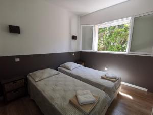two beds in a room with two windows at Appartements avec jardin entre Porto-Vecchio et Figari - Casa Mattiste in Sotta