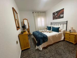 a bedroom with a bed with blue pillows and a mirror at Vivienda Vacacional C & M in Puerto del Rosario