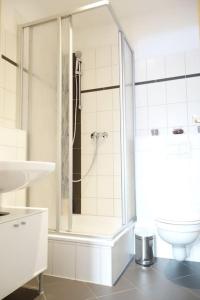 a white bathroom with a shower and a toilet at Cozy Apartment in Dresden Neustadt in Dresden