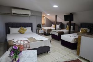 ein Hotelzimmer mit zwei Betten und einem Fernseher in der Unterkunft Galaxy Hotel Sultanahmet in Istanbul