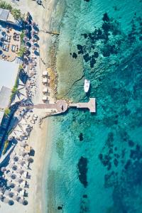 an aerial view of a beach with umbrellas and chairs at Hippie Chic Hotel in Agios Ioannis Mykonos