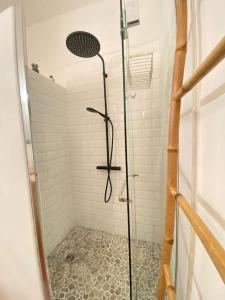 una ducha con puerta de cristal en un baño en Le Jardin Secret De Nady, en Carcassonne