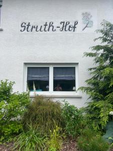 een wit gebouw met een raam waar een hond in zit bij Struthhof Ferienwohnung in Finsternthal