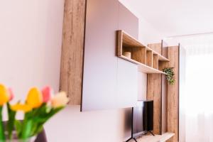 a living room with a tv and a mirror at Riverside White Apartment in Satu Mare