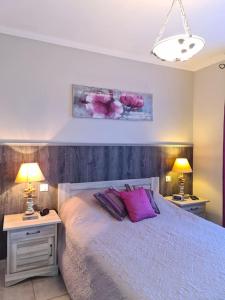 a bedroom with a bed with pink pillows and two lamps at La Villa St Antoine in LʼIsle-sur-la-Sorgue +41 photos