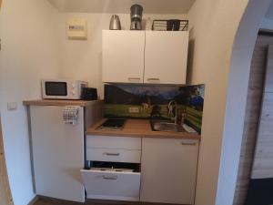 a small kitchen with a sink and a microwave at Ferienwohnung am Steínbrecherhof in Bad Mitterndorf