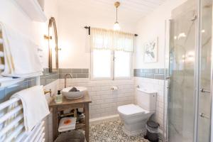 a bathroom with a toilet and a sink and a shower at Romantisches Cottage mit Sauna, Terrasse & Natur in Münchsteinach +20 photos