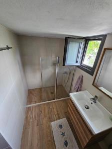 a bathroom with a shower and a sink at Danai Traditional Apartment in Samos +16 photos