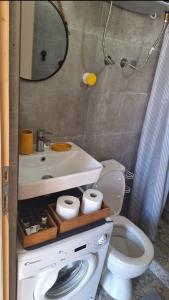 a bathroom with a toilet and a sink and a mirror at Aloft Apartment in Budva +13 photos